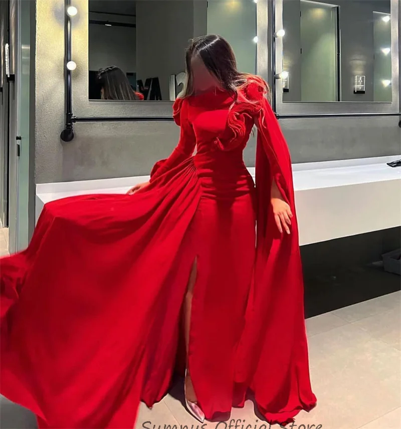SUMNUS Vintage Red Mermaid Evening Dress Ruffles Long Sleeves Saudi Arabic Prom Party Dress Skirt Dubai Formal Gown