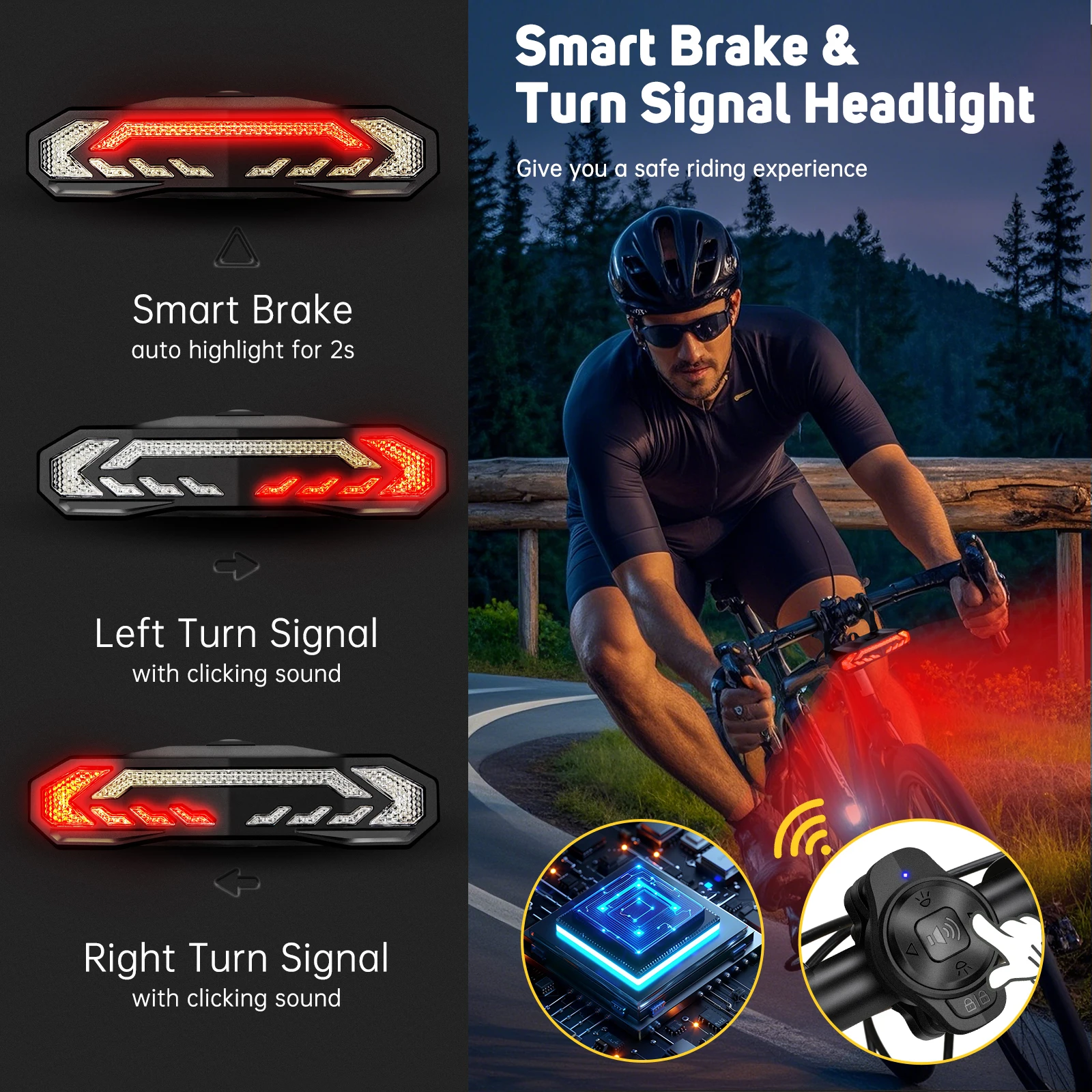 Wsdcam Rechargeable Bike Headlight With Turn Signal Smart Vibration Bike Alarm 110dB Anti Theft for Mountain Safety