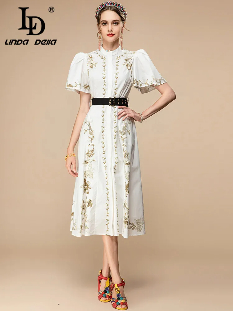 

LD LINDA DELLA 2023 Runway Summer Dress Women Short sleeve Single-breasted Belted Flower Print Holiday Party Fashion Midi Dress