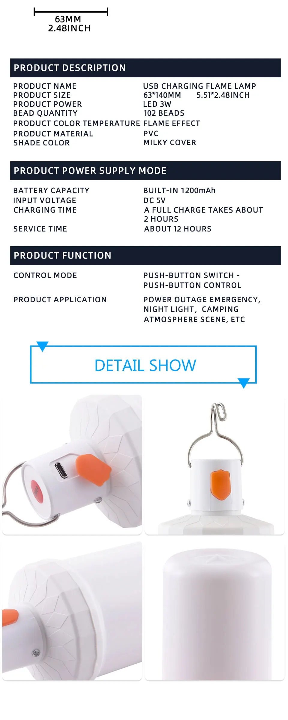 Description Picture 6 of itemLED Camping Lantern light Halloween LED Flame Light USB DC5V Rechargeable Dimmable Night Light Yard Camping Lights Decoration