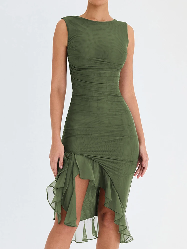 Vestido maxi con hombros descubiertos y volante superpuesto Verde Oscuro