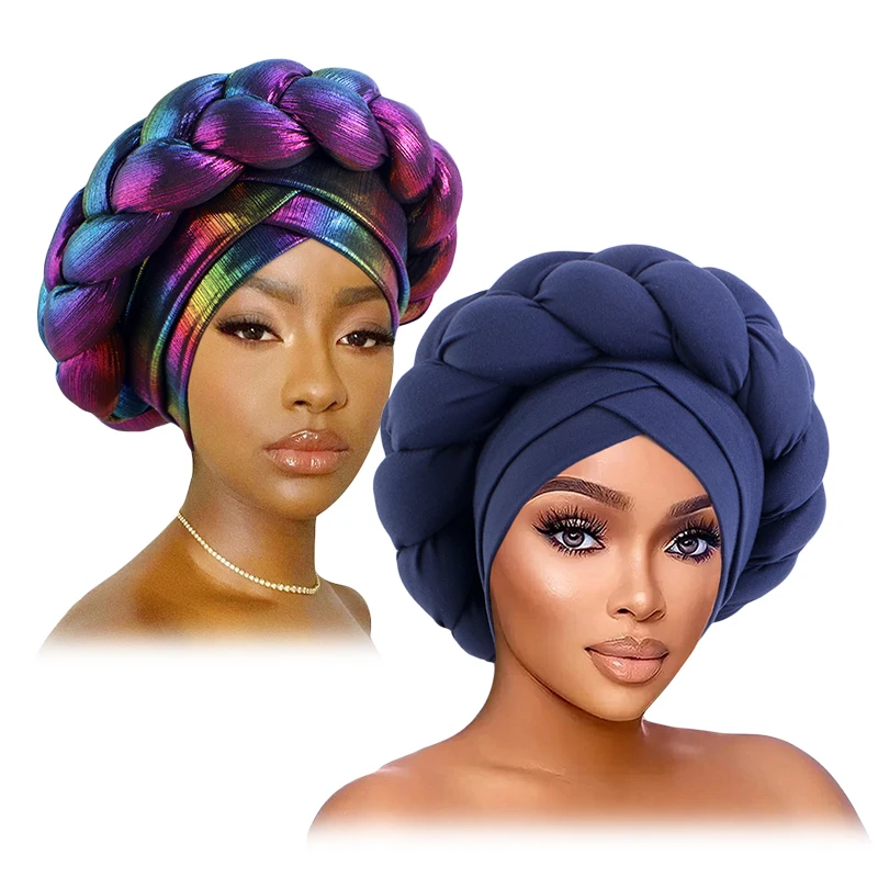 2PCS/LOT Bronzing Forehead Cross Double Braided Turbans Headwear Headdress African Headtie Head Wraps Negerian Wedding Gele Cap