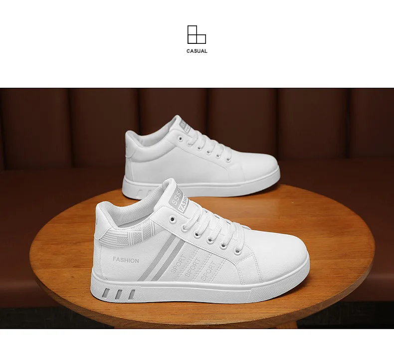 Weiße High-Top-Turnschuhe für Herren, Schnür-Leder-Sportschuhe, große Größe 45, vulkanisierte Herren-Turnschuhe, Tenis-Trainer, männliche Freizeitschuhe – Detail 23