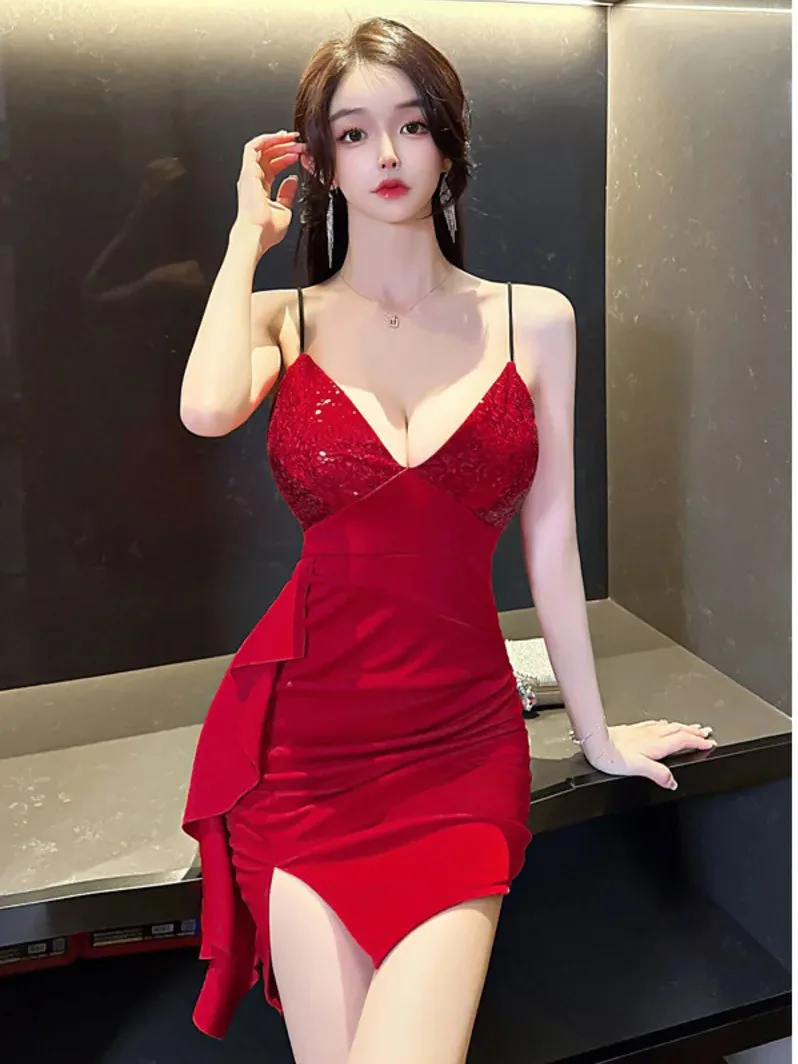 

Новинка лета 2023, женское сексуальное платье с блестками и глубоким V-образным вырезом, стильное облегающее платье с запахом, CGSO