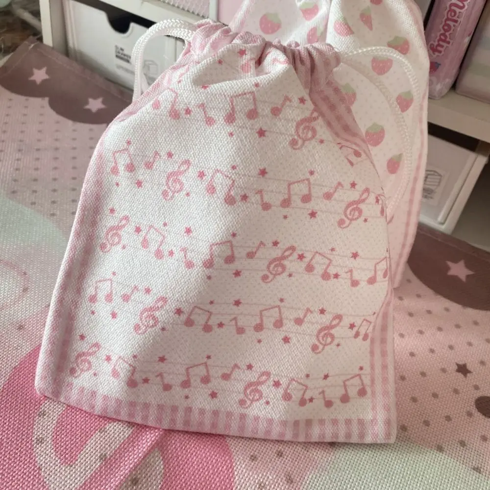 Canvas Strawberry Musical Note Drawstring Bag for Storage