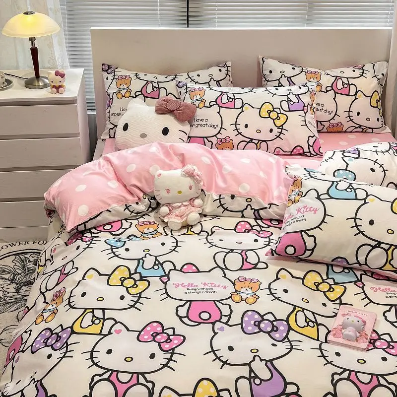 

Hello Kitty Cotton Beding Four Piece Set Cartoon Sanrio Kitty Sheets Pillowslip Quilt Cover Student Dormitories Three Piece Bed