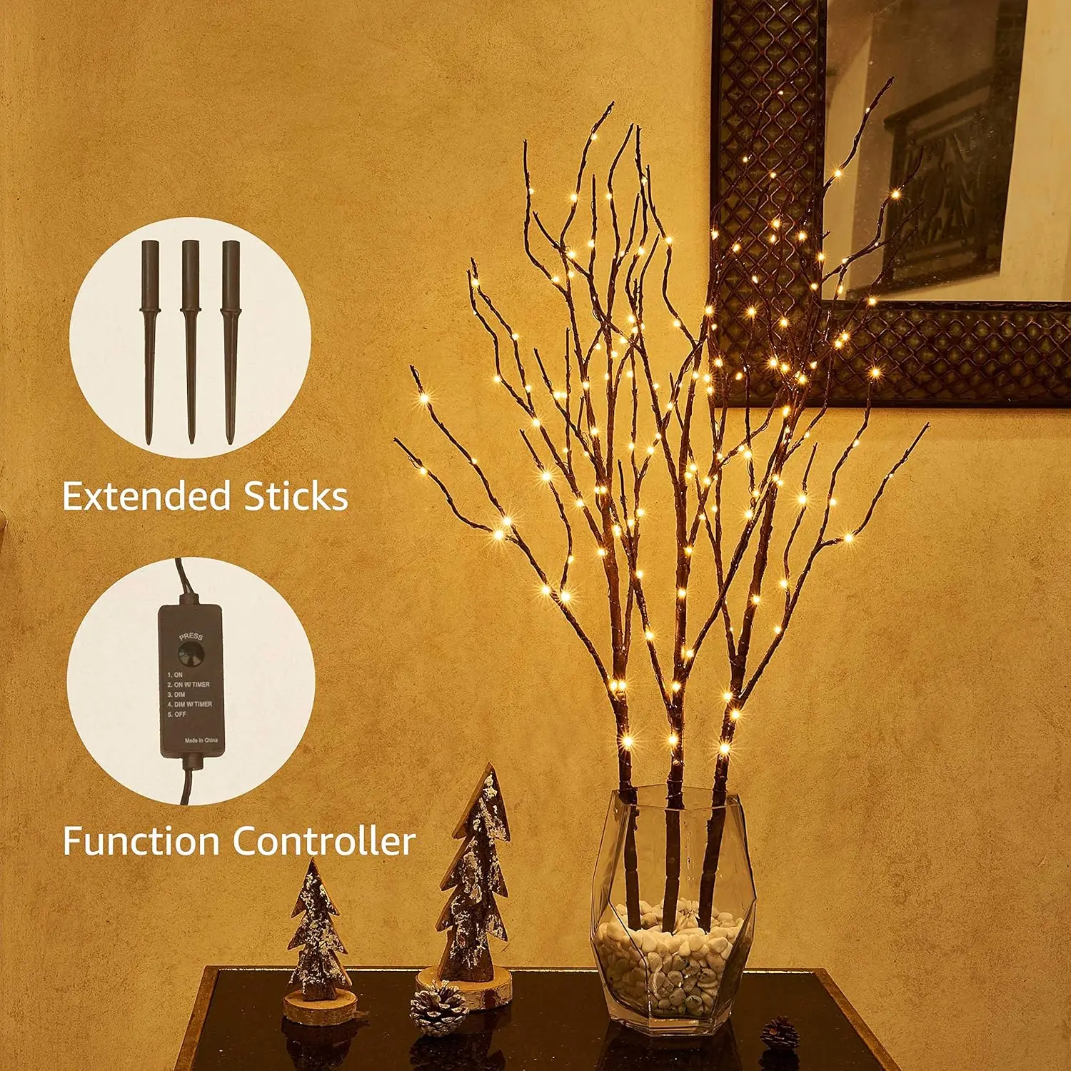 Lighted Twig Brown Branch with Fairy Lights 32in 150 LED Plug in Lighted Willow Branch for Christmas Wedding Party Decoration