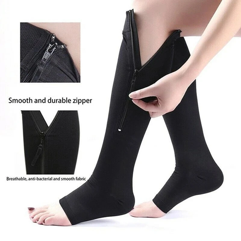 Compression socks zipper fashion women men pain relief knee high zip leg support open toe solid color YSZ02
