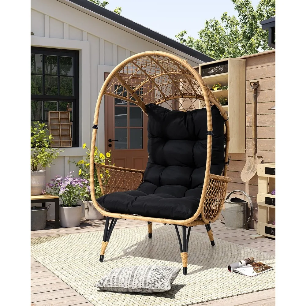 Hand Woven Wicker Egg Chair, Patio Sun Shade Egg Chair with Wide Armrest Allow You to Relax, Strong Metal Frame Lounge Chair w/C 4