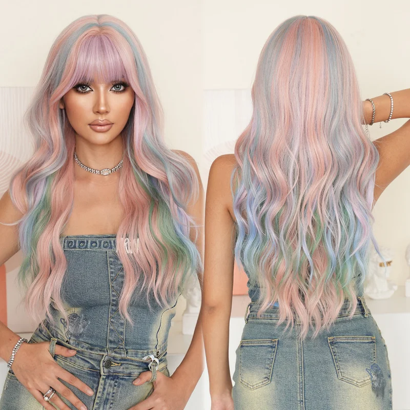 Japanese- wig for women lolita style Parisian dyeing rainbow-colored long curly hair large waves full head