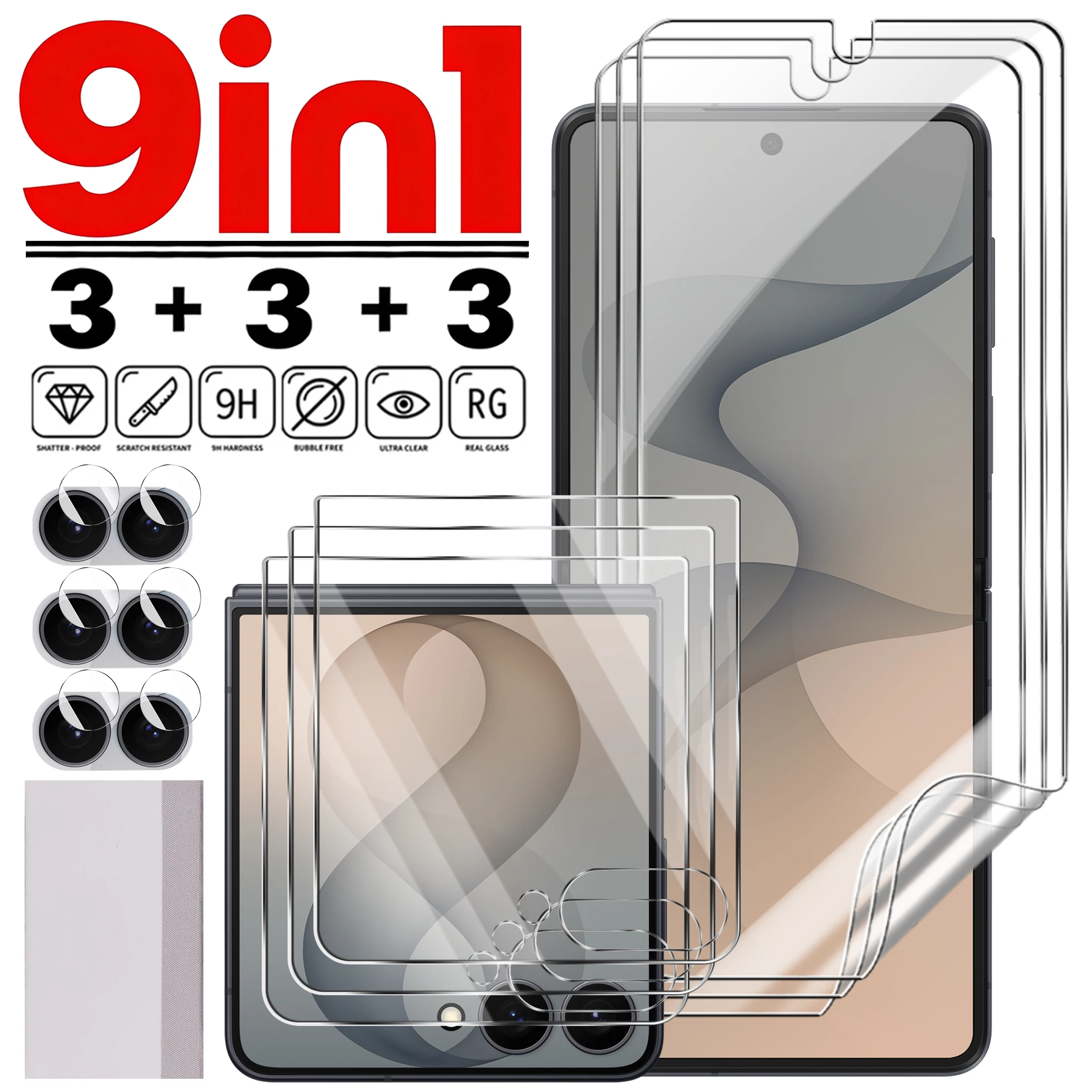 9-in-1 Flip8 Tempered Glass & Camera Lens Protection Kit with HD Soft Hydrogel Films
