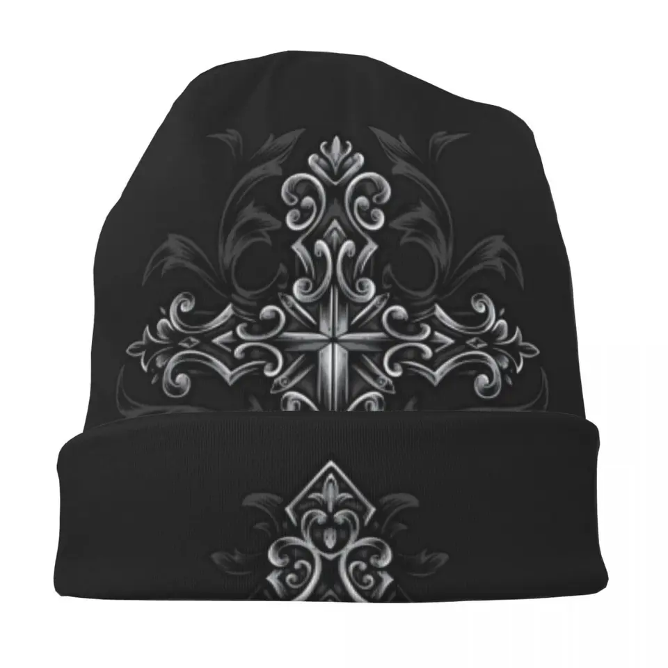 Gothic Cross Bonnet Hats Black Holy Beanie Hats Custom Knit
