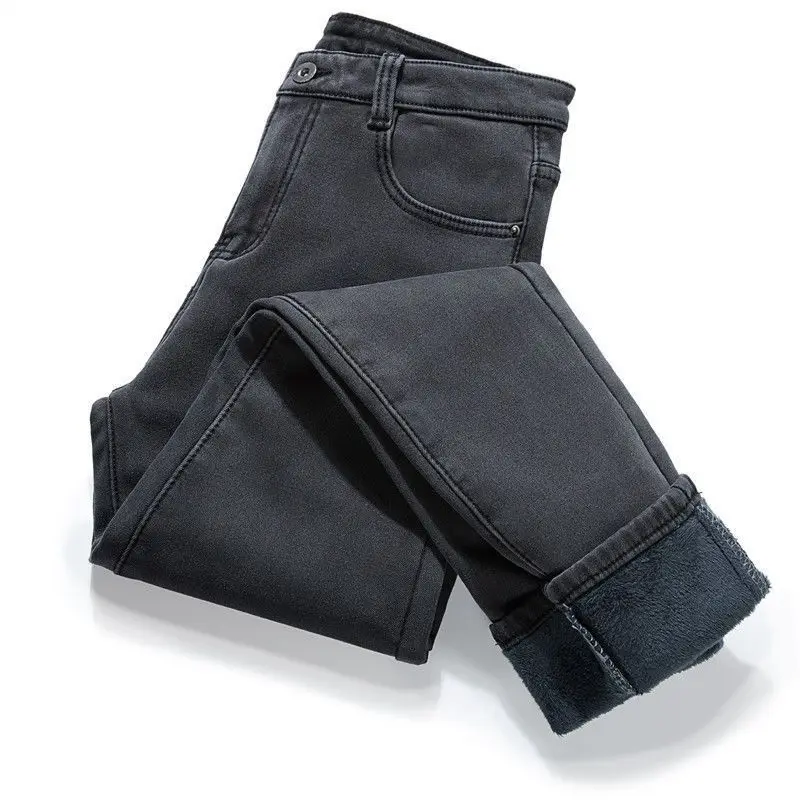 Women's Winter Black Leggings With Plush And Thickened Jeans ElasticTight OutsidePencil Warm Pants