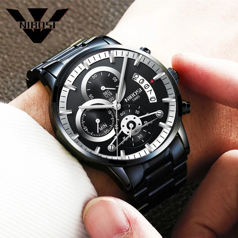 NIBOSI Brand Luxury Chronograph Quartz Watch for Men Stainless Steel Waterproof Luminous Fashion Mens Watches Relogio Masculino
