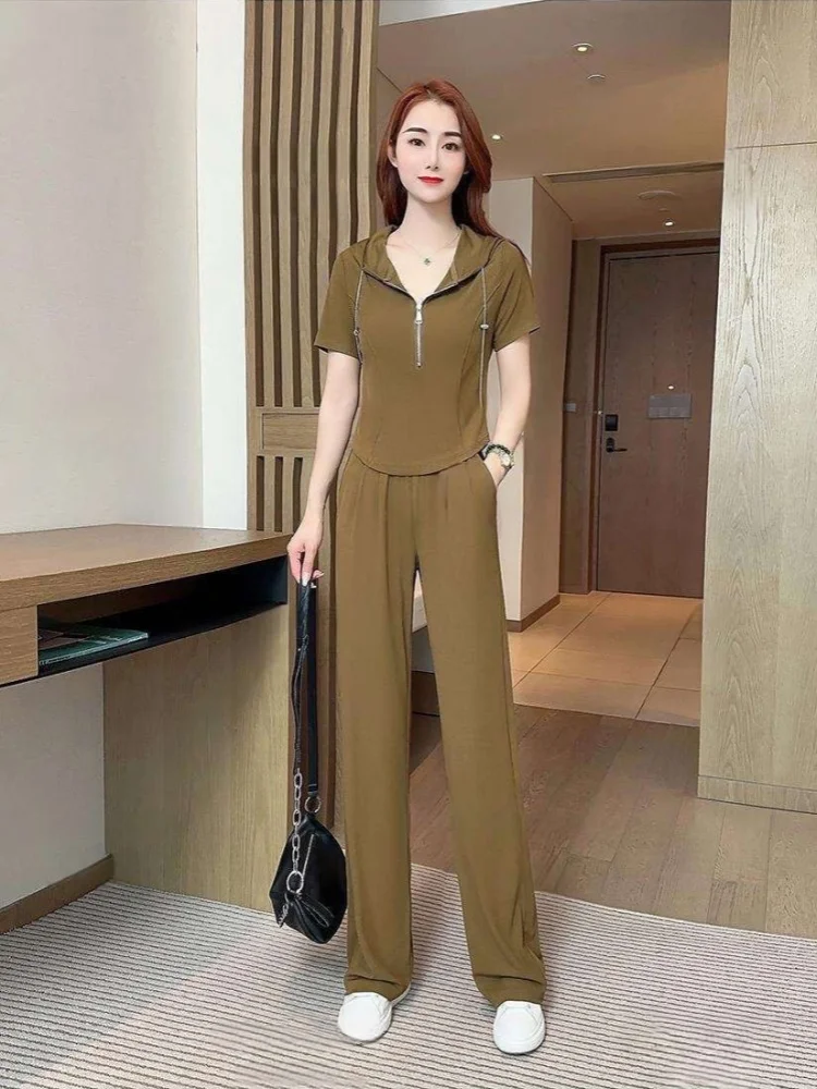Spring Summer Women's Fashion Sports Suit Hooded Short Sleeve Sportswear High Waist Straight Leg Wide Leg Pants Two Piece Set