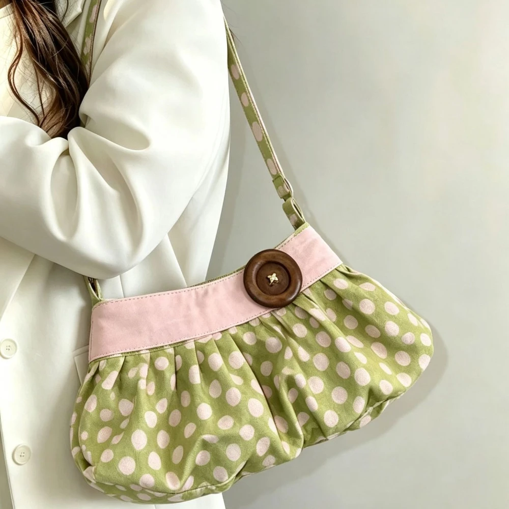 Borsa a Spalla Retrò a Pois con Bottoni in Legno, Borsa a Mano con Design Plissettato, Borsa Morbida a Forma di Raviolo, Borsa Casual a Righe per Pendolari - immagine 2
