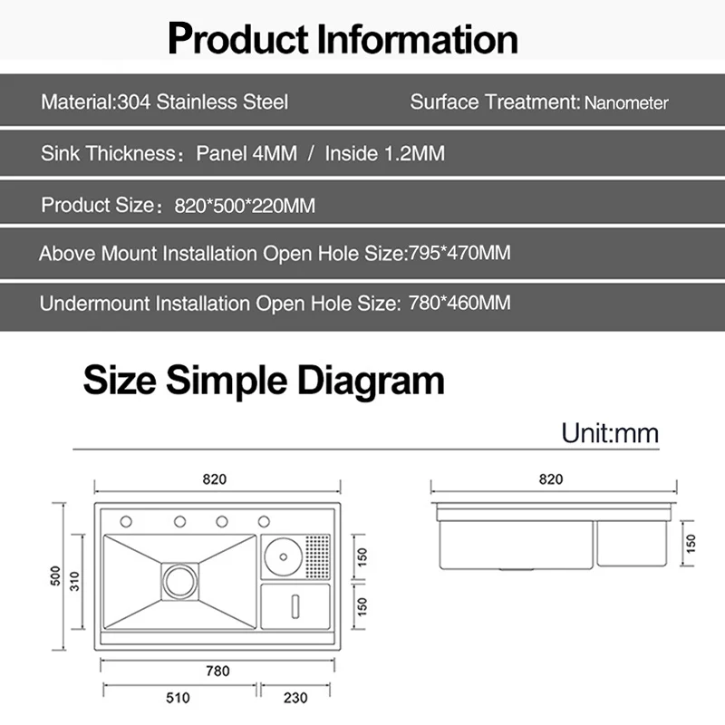 ASRAS 8250 Hidden Island kitchen Sink Nanometer 304 Stainless Steel 4mm Thickness Handmade Flip Cover Hidden kitchen Sinks 6