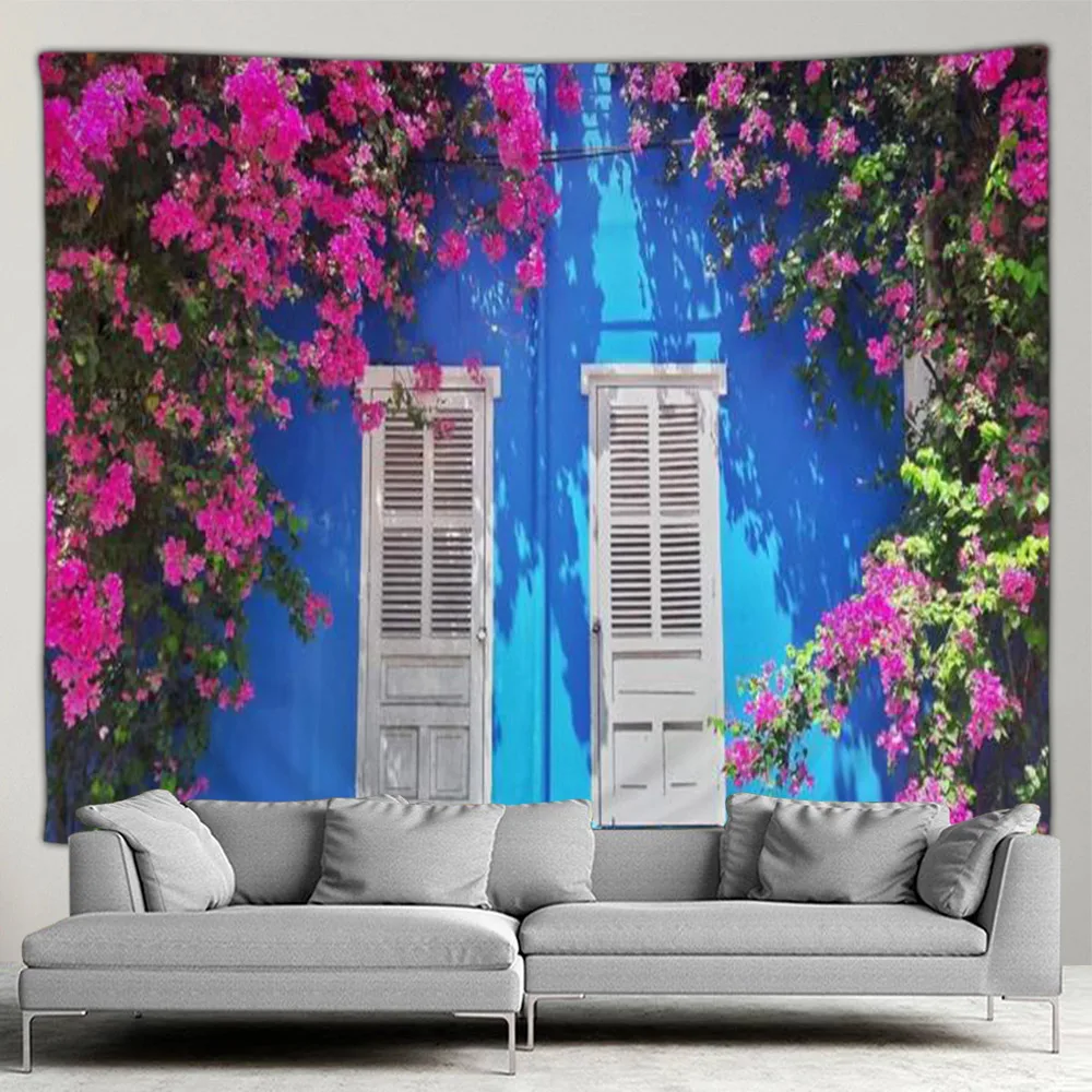 Greece Town Hippie Tapestry Spring Flower Street Tapestry Home Courtyard Patio Wall Hanging Art Living Room Mural