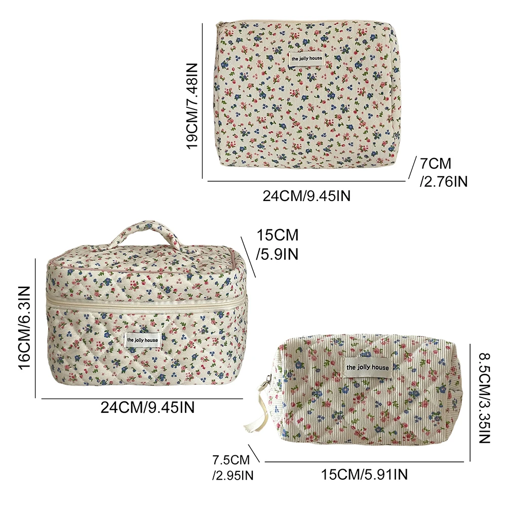 Floral Corduroy Travel Makeup Pouch with Zipper Makeup Organizer Storage Bag Cute Cosmetic Organizer Case for Women and Girls
