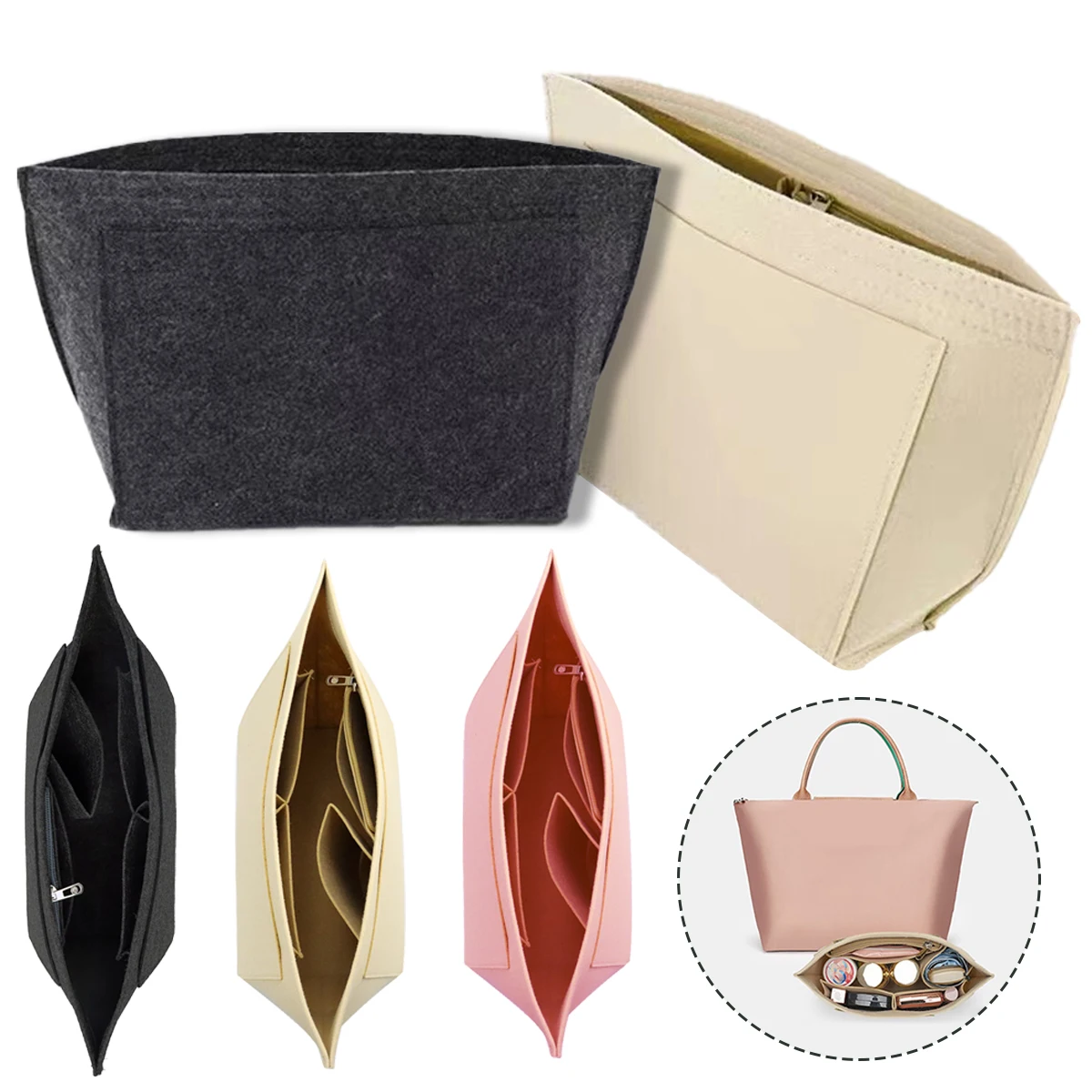 Cosmetic Bag Insert Lined Felt Fits LongChamp Tote Support Storage