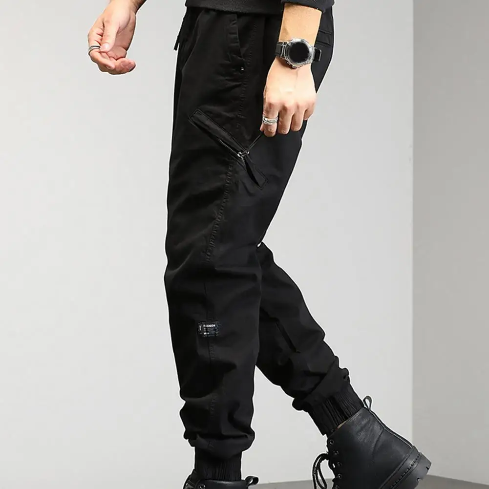 

Cargo Pants Men Elastic Waist Drawstring Solid Color Pockets Ankle-banded Loose Mid Waist Long Harem Trousers pantalones hombre