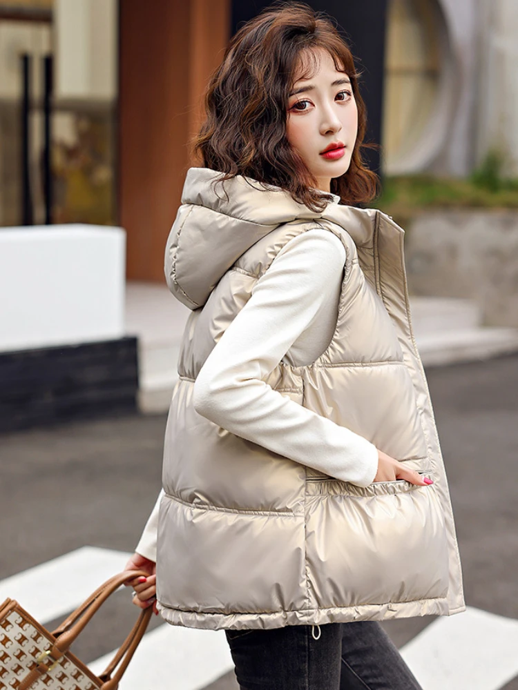 

FORERUN Winter Puffer Vest Women Hooded Sleeveless Jacket Winter Korean Fashion Cotton Padded Warm Gilet Parka Dropshipping