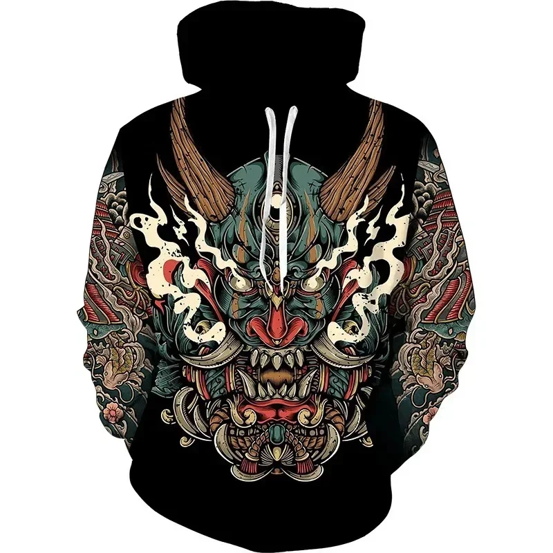 Sudadera con capucha con estampado gráfico de máscara fantasma para hombre, sudadera con estampado 3D de samurái japonés, sudadera informal, sudaderas holgadas, camisetas de manga larga