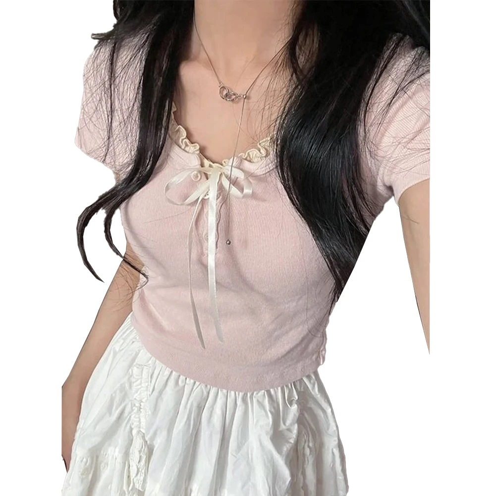 

Female Tops T-shirt Summer Stylish Design U-neck Versatile Womens Breathable Comfortable Fake Two-piece Hot Girl