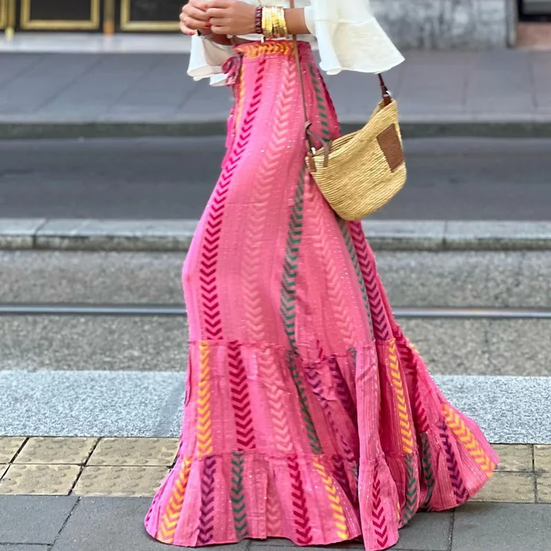 

Women Elegant High Waist Beach Party 2024 Spring Summer Casual Loose Maxi Skirt Vintage Patterned Print Boho Long Skirts