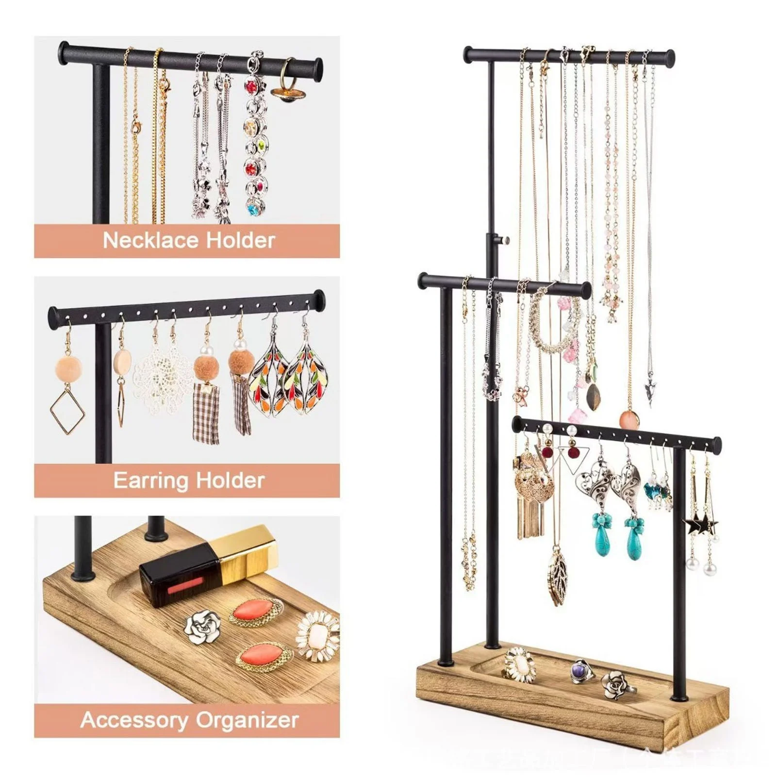 Wooden Jewelry Rack Desktop 3Layers Necklace Pendant Display Rack Countryside Style Bracelet Iron Art Storage Rack