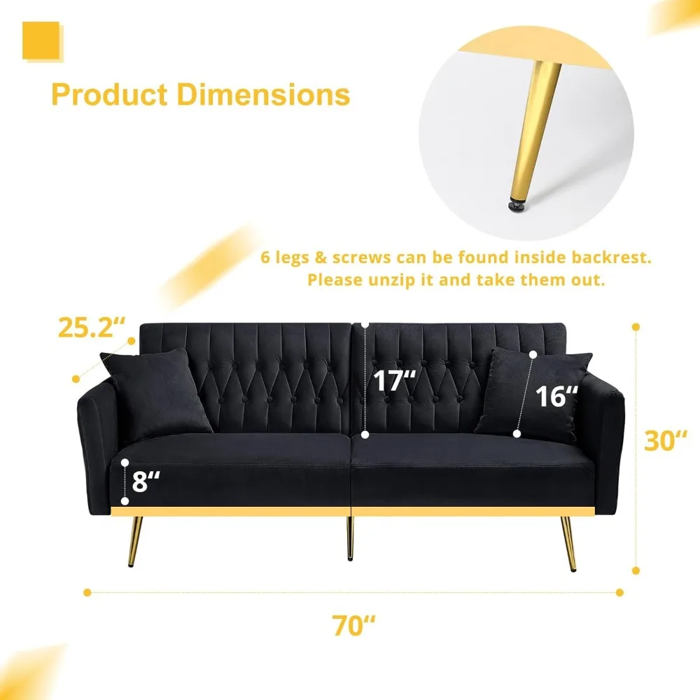 70” Velvet Futon Sofa Bed with Pillows – Convertible Loveseat Sleeper with Adjustable Backrests & Armrests 3