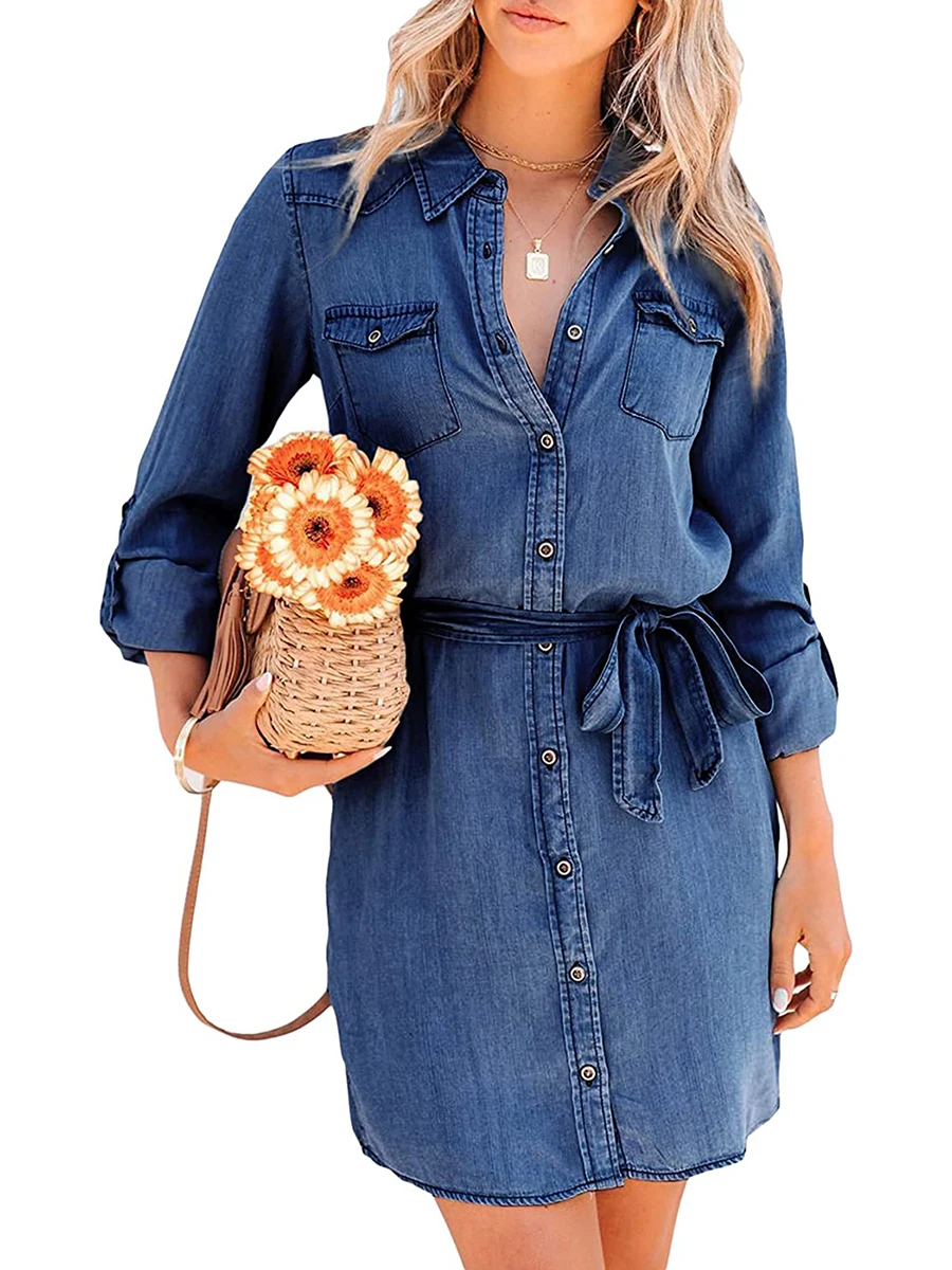 Denim Shirt-Dress Cuffed with Pockets - M main image 1