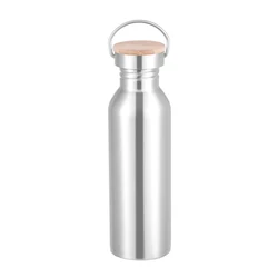 Sleek Silver Stainless Steel Water Bottle with Bamboo Lid - Portable and Leak - Proof Design (750ml - Bamboo Lid)