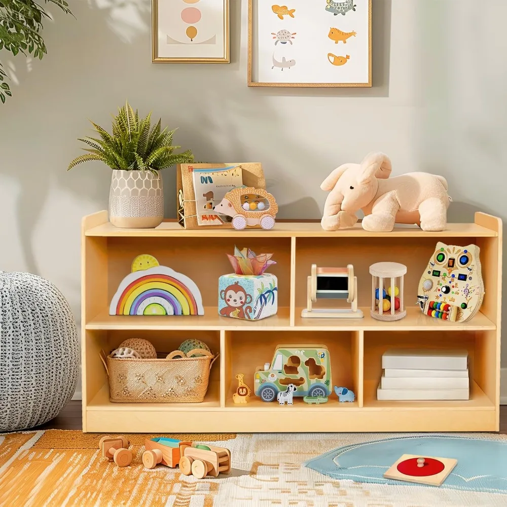 

Wooden Toy Storage Organizer for Books Toys, 2 shelf bookcase, 5-Section Storage Cabinet, Toddler book shelf