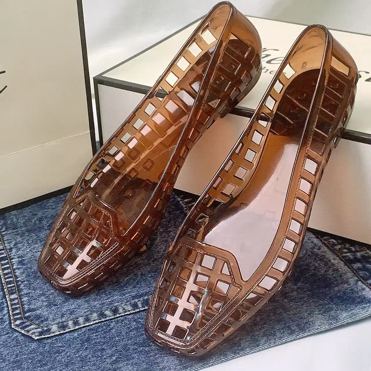 Spring and Summer New Korean Style Transparent Crystal Shoes for