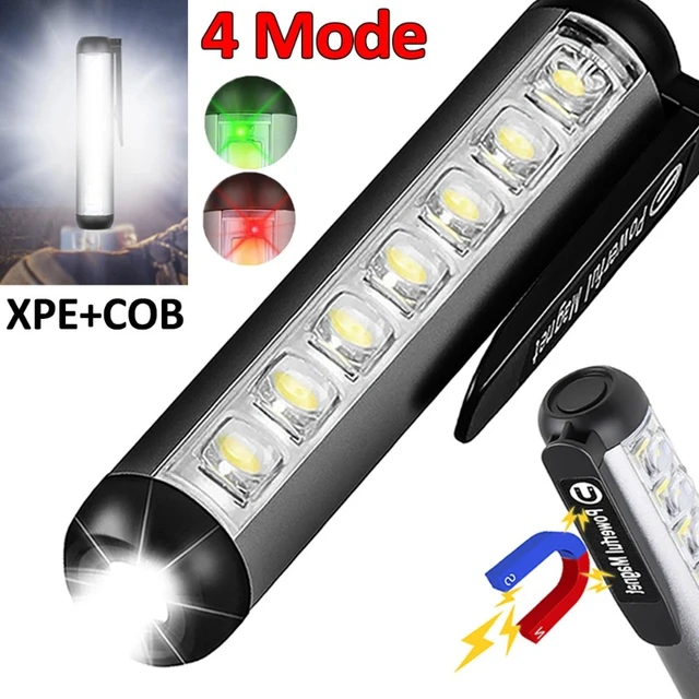 Mini linterna LED magnética de trabajo, lámpara recargable por USB XPE +  COB, antorcha ultrabrillante con