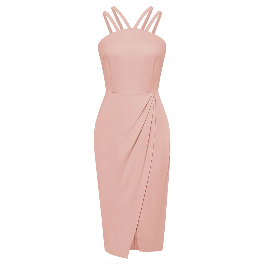 

BP Women Spaghetti Strap Dress Vintage Sleeveless Fashion Ruched Wrap Hem Dress Dual Strap Below-Knee Halter Bodycon Dress