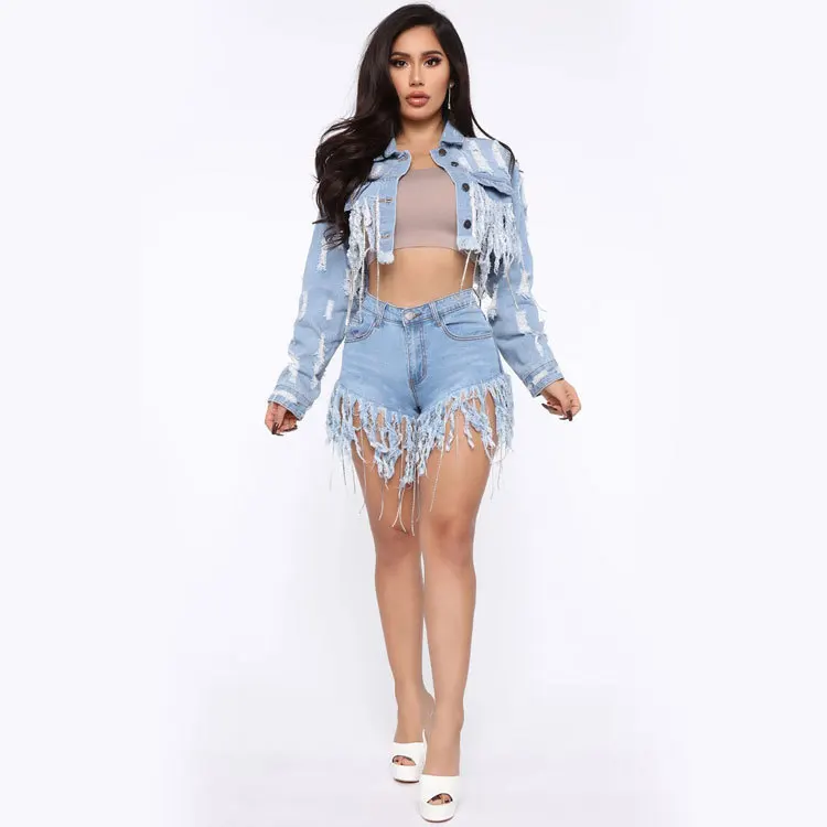 2023 Summer Trendy Woman Indie Skinny Summer Shorts S-3XL Tassel Blue Black Denim Shorts Fashion Sexy Tasse Solid Jeans Shorts