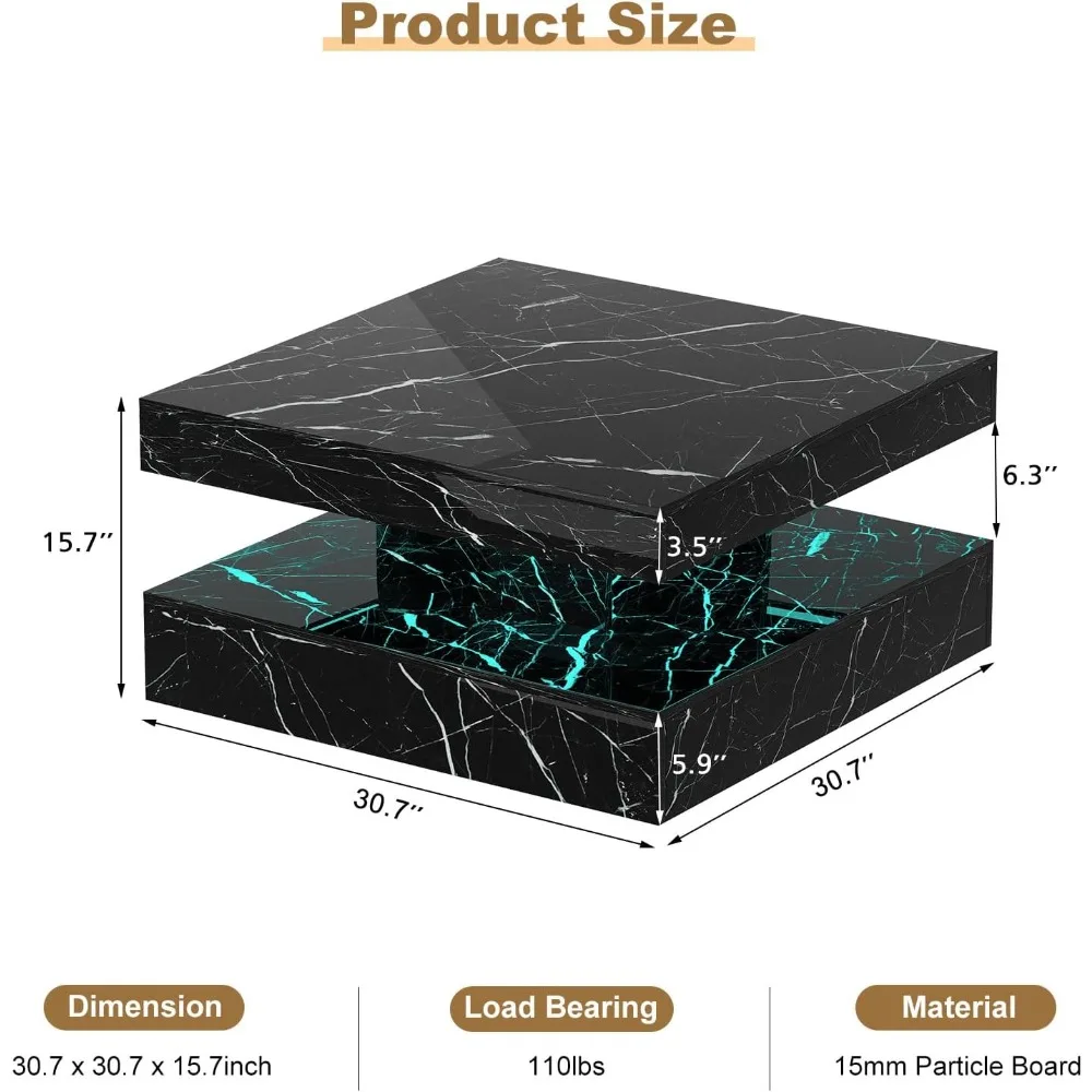 Black Marble Effect LED Coffee Table with 2 Layers of Storage Space, Modern Square Glossy Center Table, Wooden 20 Color Lighting 2