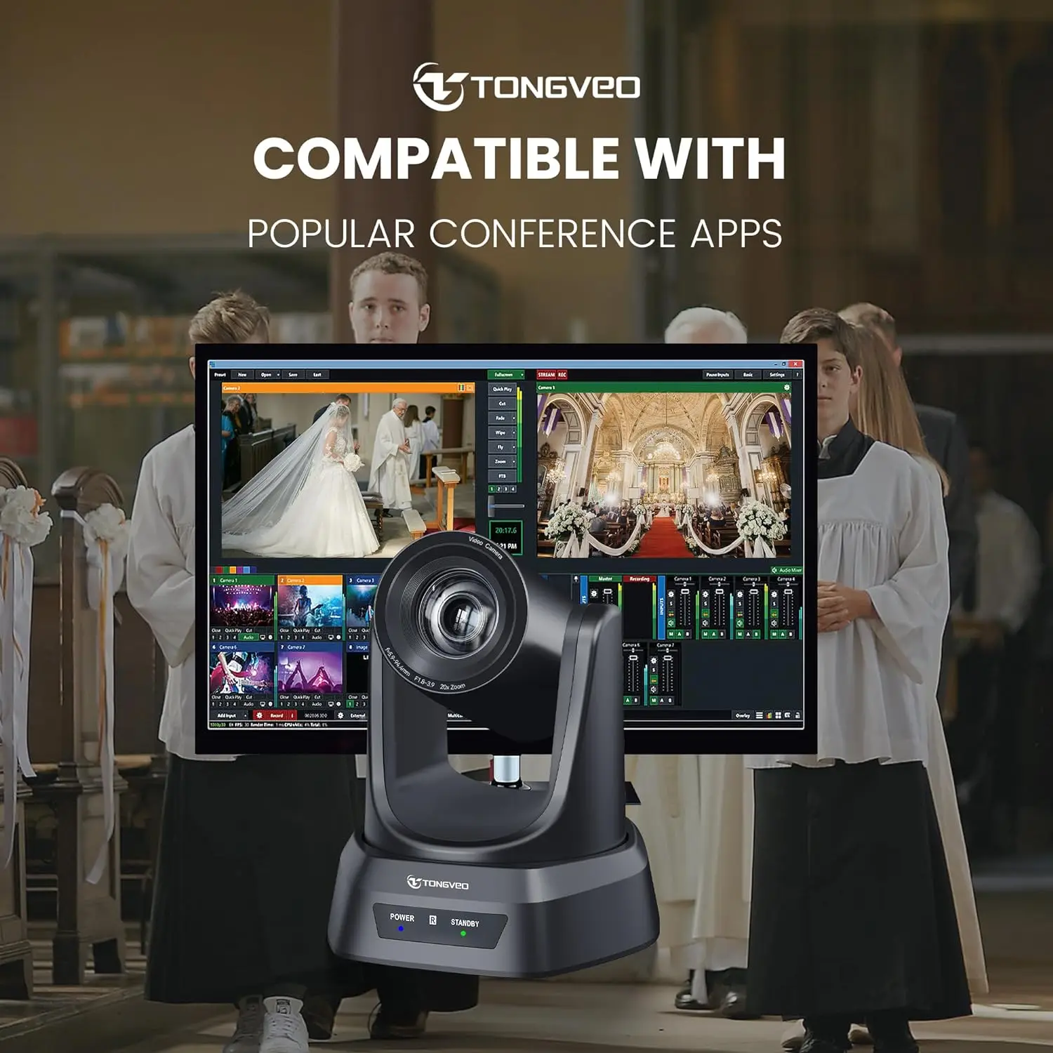 TONGVEO HDMI PTZ Camera 20X Optical Zoom Church Live Streaming USB 1080P 60fps Camera For Worship Services Online Conference