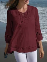 Womens Lace Patchwork Blouses ZANZEA 2025 Summer Bohemian Casual 3/4 Sleeves Blusas Shirts Casual Hollow Out Tunic Tops Beach - Image 3