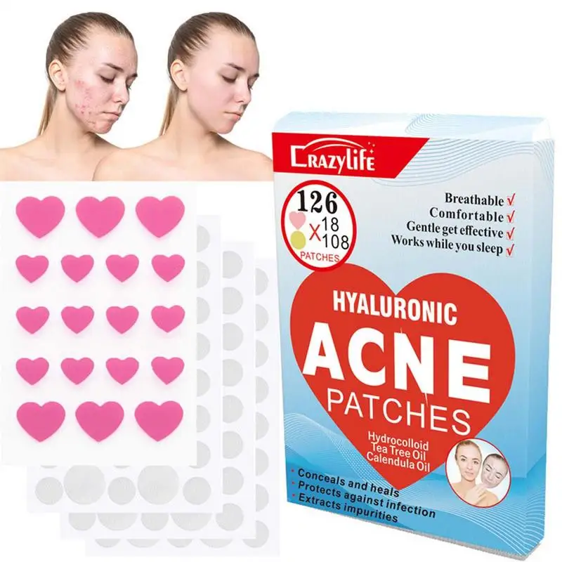 

Pimple Spot Dot Fast-Acting Round & Heart Shaped Dots For Spots 126pcs Hydrocolloid Patch Pimple Patches Zit Spot Treat Stickers
