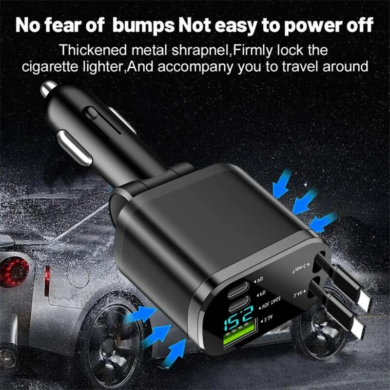5 in 1 Retractable Car Charger 75W Fast Charging 12-24V Voltage Digital Display Dual Cables for IPhone & Android