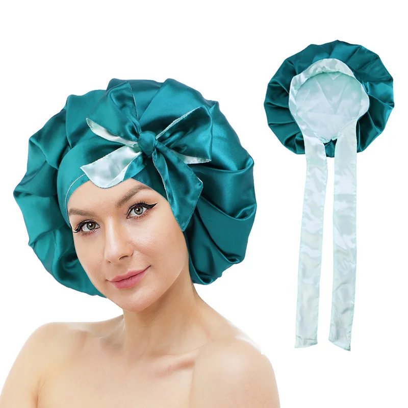 Large Adjustable Satin Bonnet Double Layer Reversible Silky Night Sleeping Cap Head Tie Band Bonnet for Women Curly Braid Hair