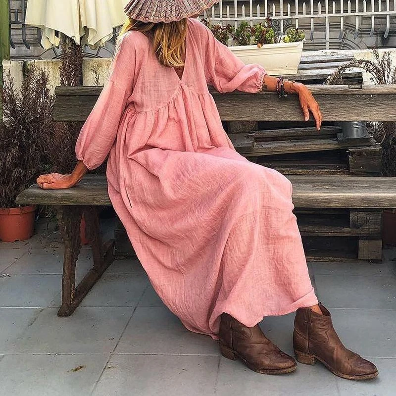 

Autumn Maxi Dresses Women Fashion Three Quarter Casual V Neck Vestido Robe Women Sundress Femme Cotton Linen Vacation Dresses