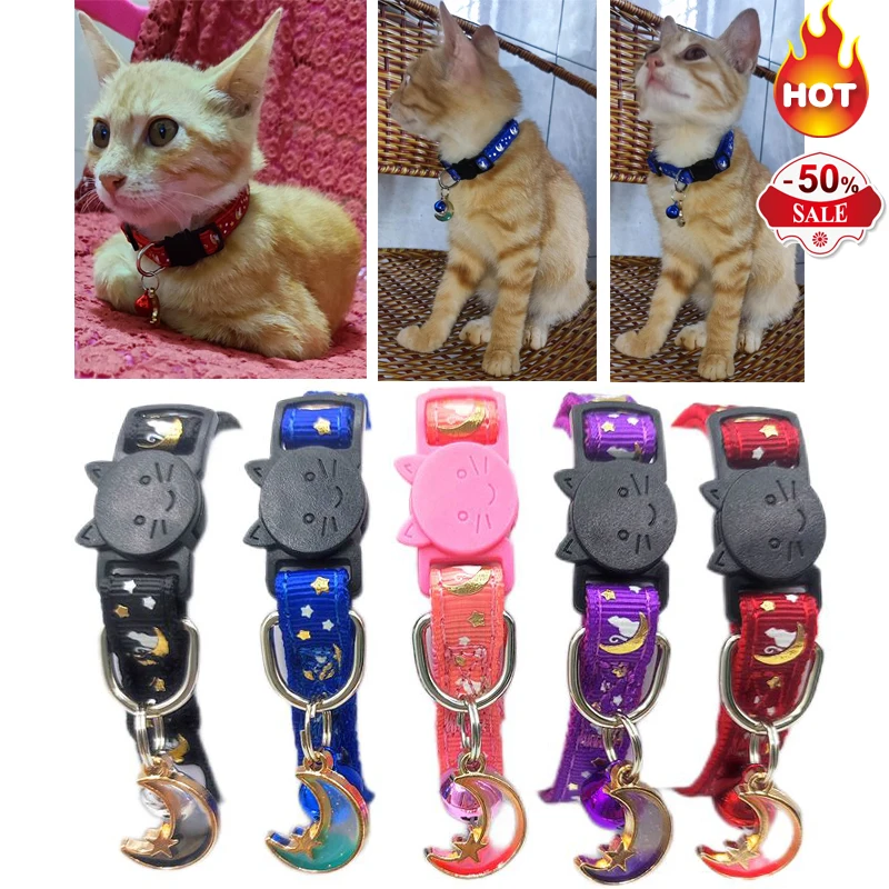 

Hot sell Pet Foil Moon Star Print Cat Dog Collar Cute Adjustable Safety Buckle Puppy Kitten Collar with Bell Dog Cat Accessories