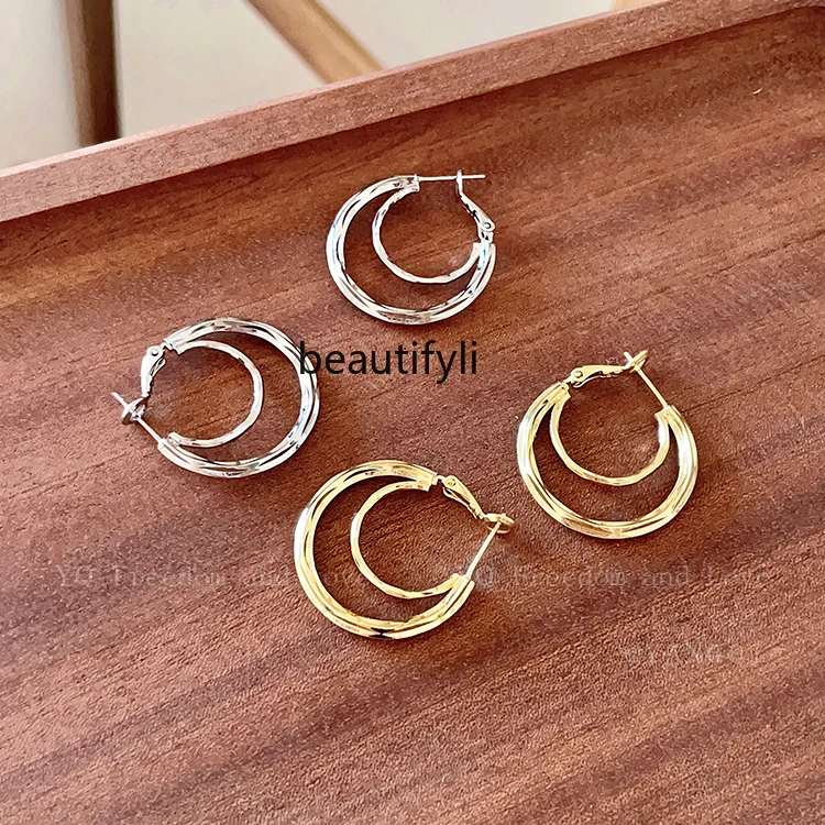 Simple Cold Style Elegant Double Circle Large Earrings Female European and American Circle Elegant Earrings Earrings