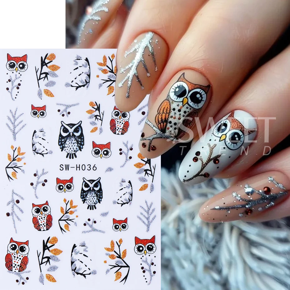 2pcs Owl Design Nails Stickers Silver Glitter Leaves Line Owl 3D Self-Adhesive Nail Decals DIY Autumn Winter Manicure Decoration
