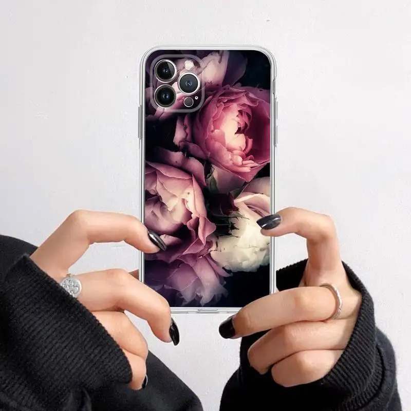 Elegant Pink and Purple Peony Flower Transparent Phone Case