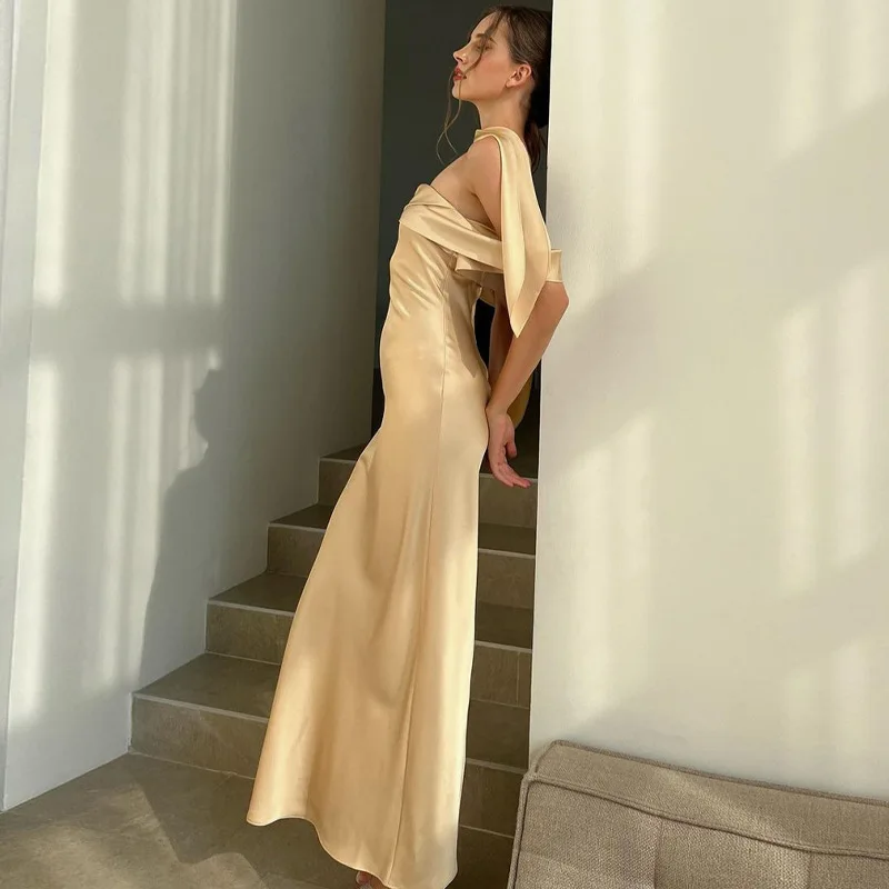 Elegante vestido largo sin espalda para mujer, ajustado, a la moda, con hombros descubiertos, vestido de fiesta de noche con cremallera, vestido de fiesta liso 2025